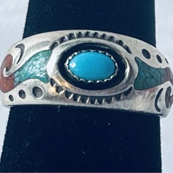 Roie Jaque Navajo Handmade Ring 925 Silver Blue Turquoise & Coral - Sz 7.25 - Picture 1 of 5